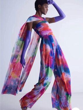 Prabal Gurung Vibrant Multicolor Watercolor Jumpsuit with Scarf